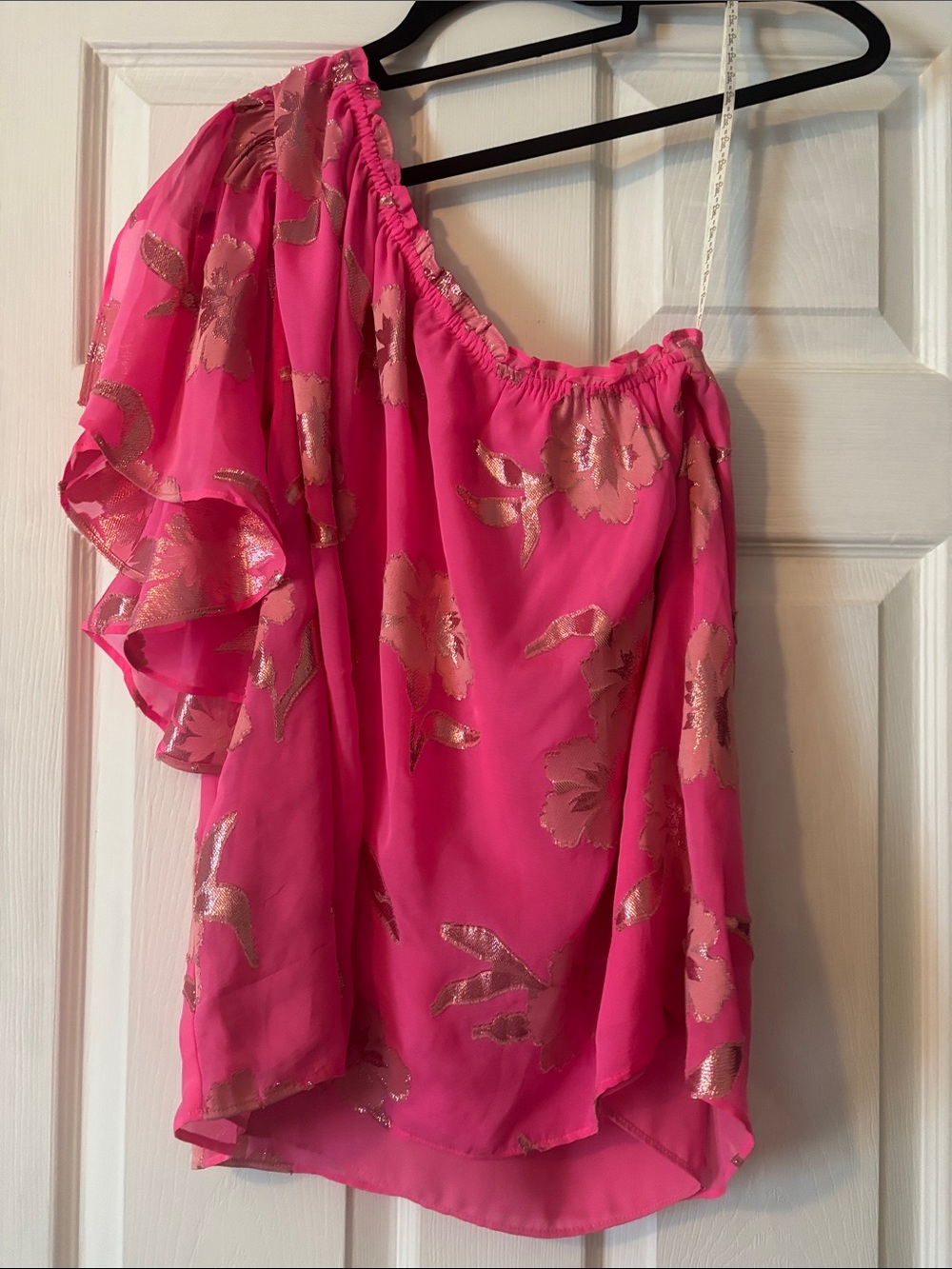 One-Shoulder Ruffle Blouse - Pink with Metallic Floral